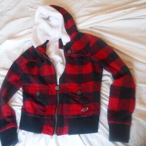 Fox Racing Flannel Jacket Red Check Plaid Fleece Hood Outdoor Women Size Small